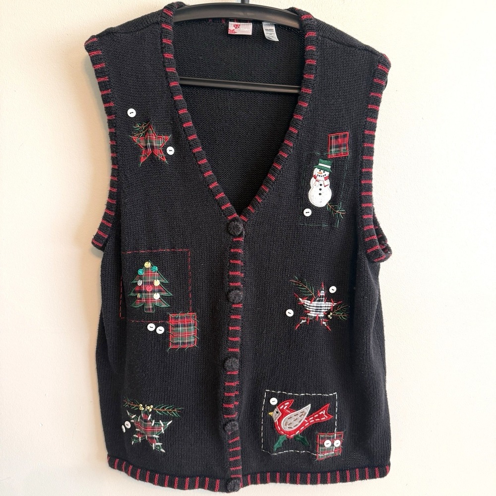Holiday Edition  Knit Sweater Vest Womens Size L Christmas Star Tree Beaded